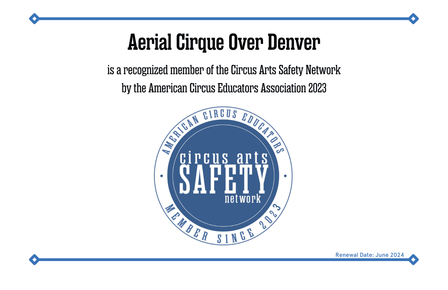 Certificate Of Recognition Aerial Cirque Over Denver Dance Studio