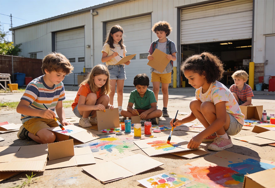 ACOD_group-of-children-outside-a-warehouse-crafting--AerialCirqueOverDenver