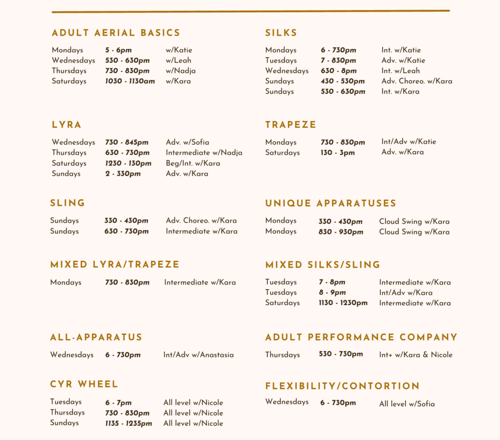 adult aerial dance classes denver schedule picture showing different classes and times offered
