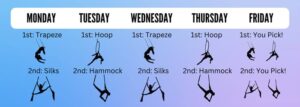 Infographic showing denver aerial dance summer camp schedule. Two apparatuses taught per day.