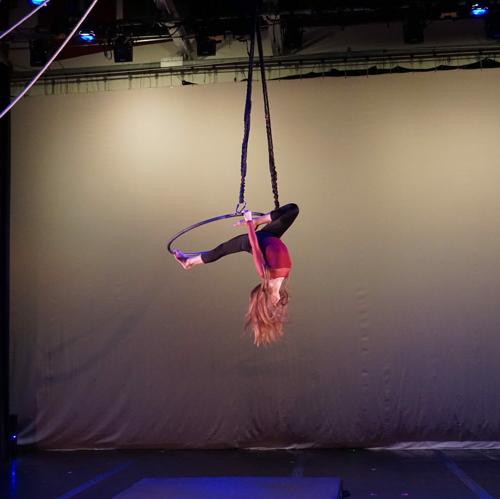 teen dancer on the aerial lyra. Performing at cleo parker robinson theatre in a student showcase for dance