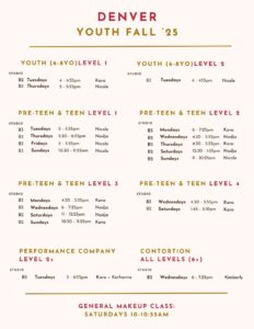 Fall 2025 youth aerial dance studio schedule at the denver location