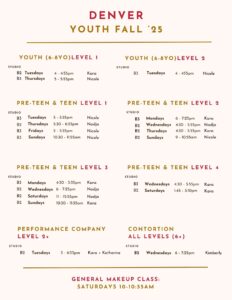 youth session schedule picture at aerial cirque over denver fall 2025
