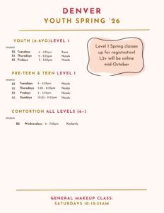 Spring 2026 youth aerial classes at Denver, level 1 classes